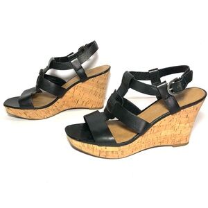 Franco Sarto Platform Strappy Black Leather Cork Wedge Sandals Women’s 7‎ M